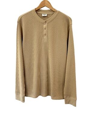 Pact men’s thermal waffle knit Henley shirt top L sesame tan Organic cotton NWOT